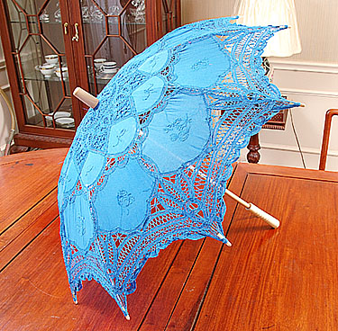 French Blue battenburg lace parasols. 16" ( 32" Full Open) - Click Image to Close